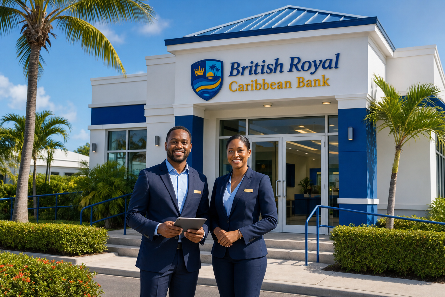 British Royal Caribbean Bank team welcoming customers at the branch entrance