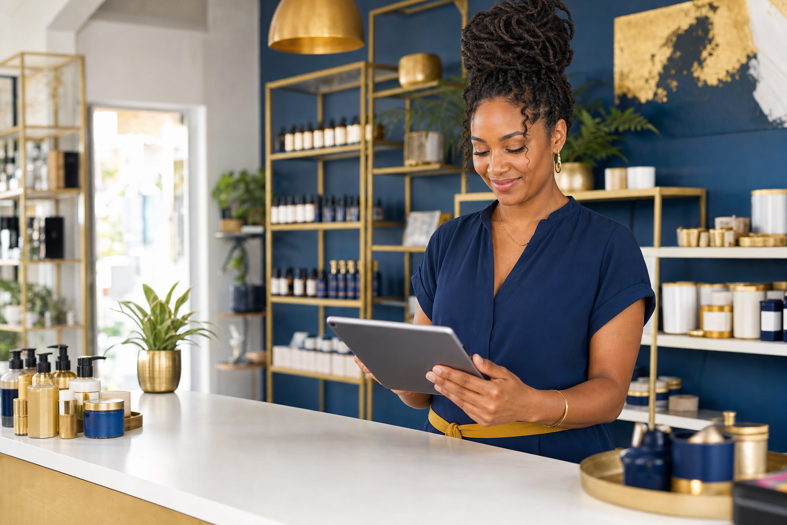 Small business owner managing finances in her shop