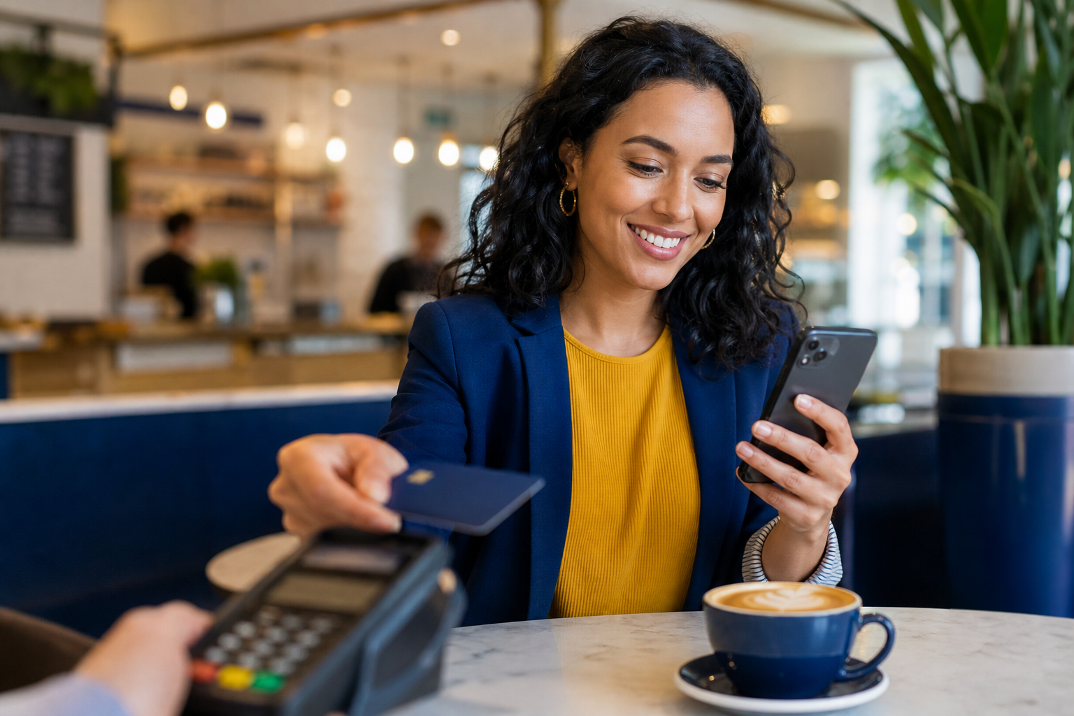 Customer using mobile banking and contactless card at a café